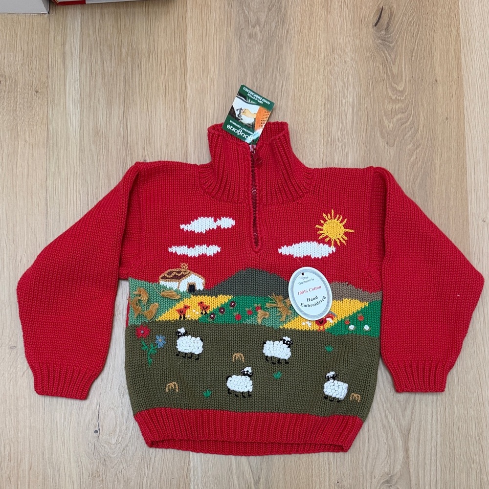 New Vibrant Red Sweater with Embroidered Scene